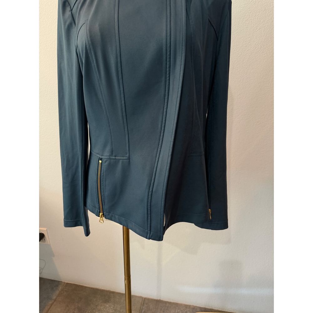 Clara Sun Woo Womens Asymmetric Zip Moto Liquid Leather Jacket Blue Chic Size M - Picture 3 of 10